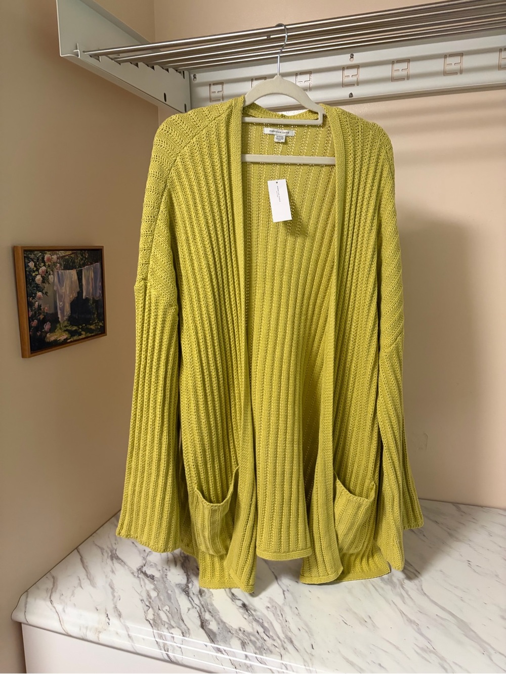 NWT American Eagle Chunky Ribbed Open Front Cardigan XL Chartreuse Lime Sweater